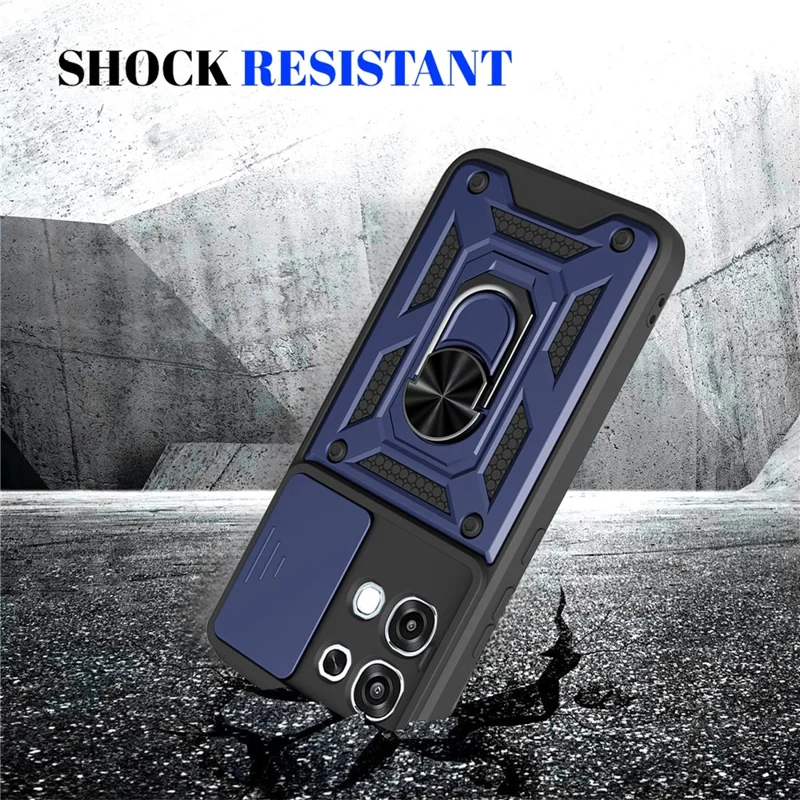 Étui pour Oppo A6 Pro 5G / 4G / F31 5G avec couvercle de caméra coulissante, coque de protection en PC + TPU avec support - Bleu