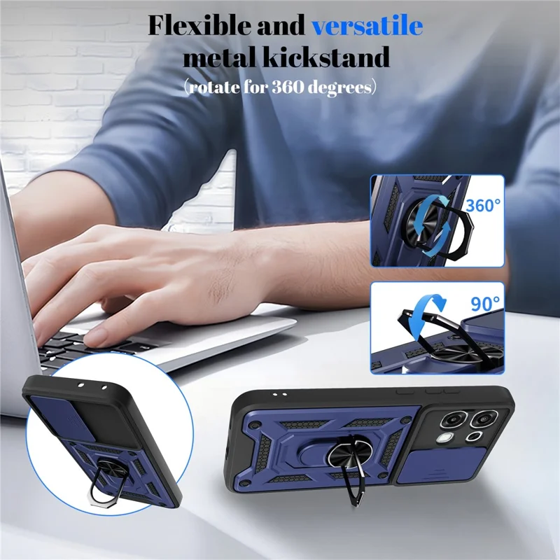 Étui pour Oppo A6 Pro 5G / 4G / F31 5G avec couvercle de caméra coulissante, coque de protection en PC + TPU avec support - Bleu