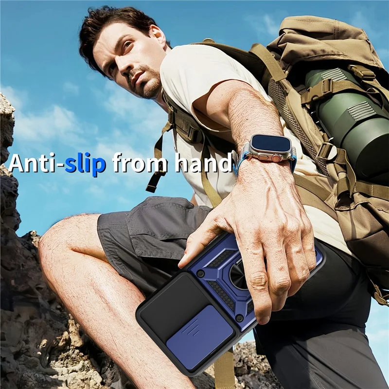 Étui pour Oppo A6 Pro 5G / 4G / F31 5G avec couvercle de caméra coulissante, coque de protection en PC + TPU avec support - Bleu