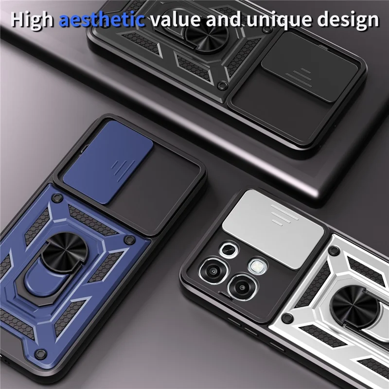 Étui pour Oppo A6 Pro 5G / 4G / F31 5G avec couvercle de caméra coulissante, coque de protection en PC + TPU avec support - Bleu