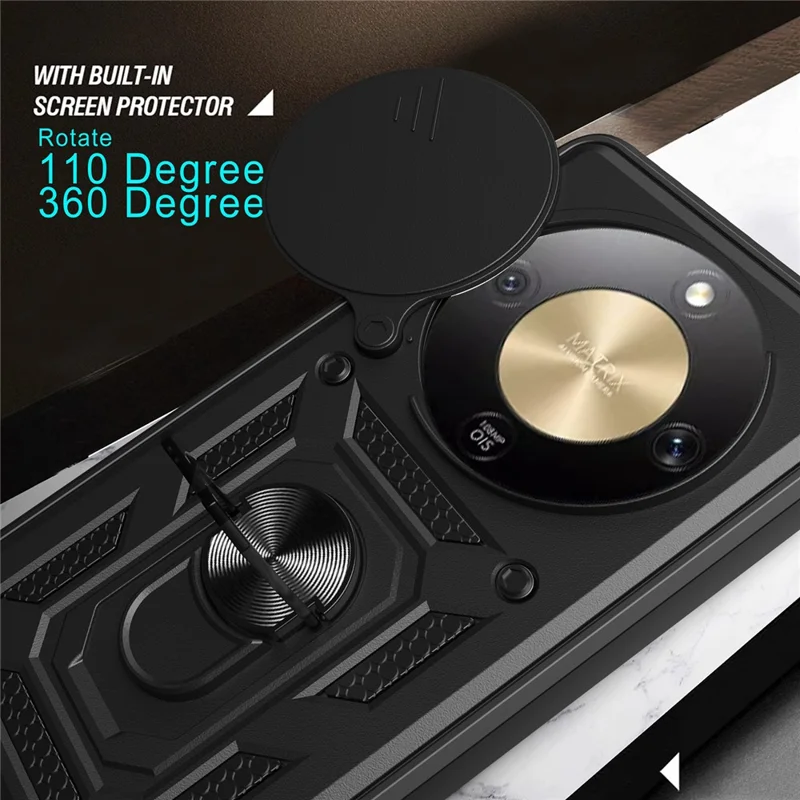 For Honor X9d 5G  /  X70 5G Case with Slide Camera Lid PC + TPU Kickstand Phone Cover - Black