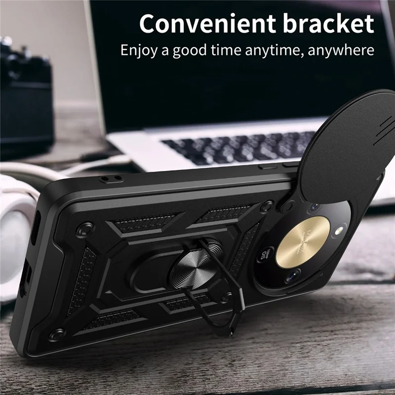 For Honor X9d 5G  /  X70 5G Case with Slide Camera Lid PC + TPU Kickstand Phone Cover - Black