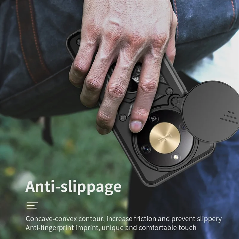 For Honor X9d 5G  /  X70 5G Case with Slide Camera Lid PC + TPU Kickstand Phone Cover - Black