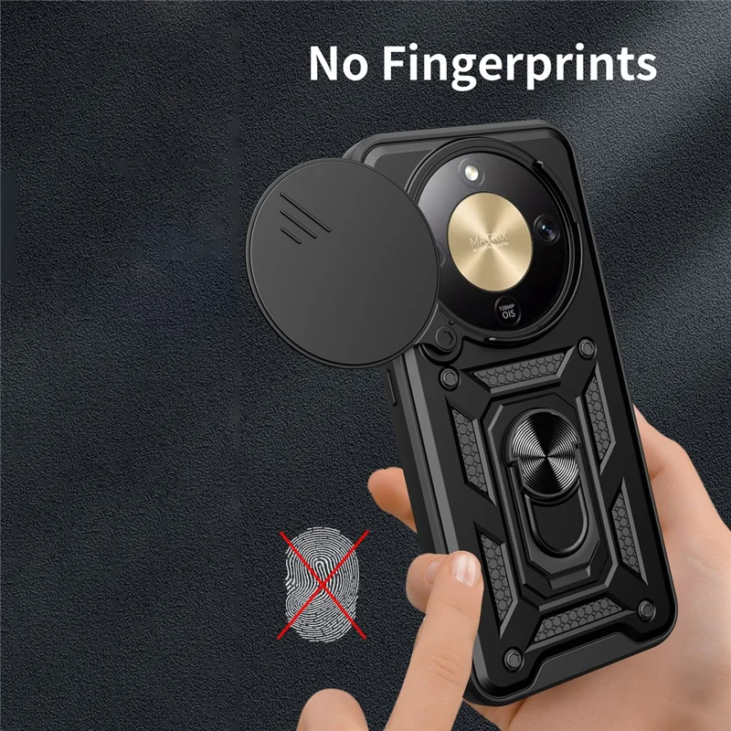 For Honor X9d 5G  /  X70 5G Case with Slide Camera Lid PC + TPU Kickstand Phone Cover - Black