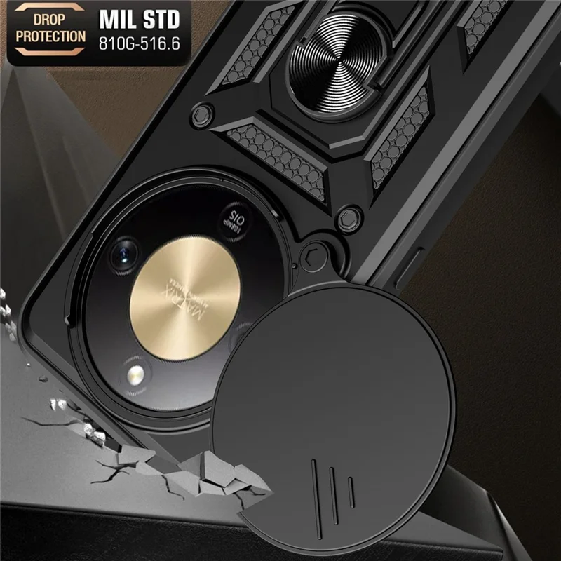 For Honor X9d 5G  /  X70 5G Case with Slide Camera Lid PC + TPU Kickstand Phone Cover - Black