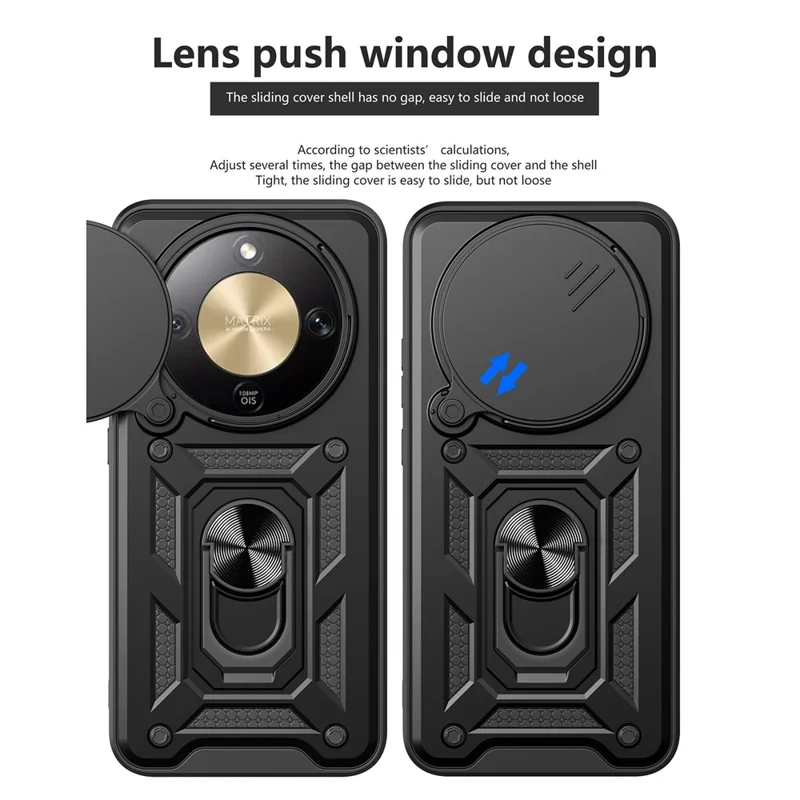 For Honor X9d 5G  /  X70 5G Case with Slide Camera Lid PC + TPU Kickstand Phone Cover - Black