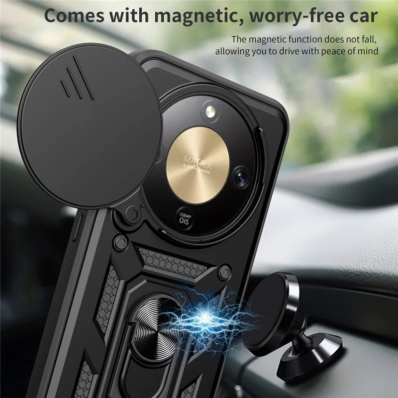 For Honor X9d 5G  /  X70 5G Case with Slide Camera Lid PC + TPU Kickstand Phone Cover - Black