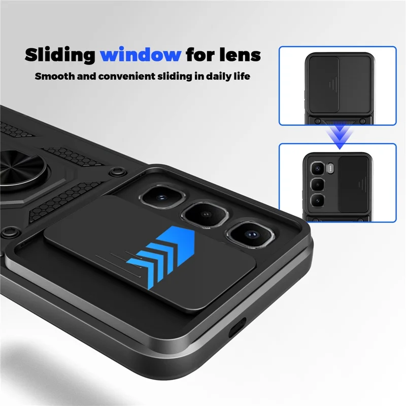 Funda Infinix Hot 60 Pro 4G con tapa deslizante para cámara, cubierta de teléfono de PC + TPU con soporte, color negro