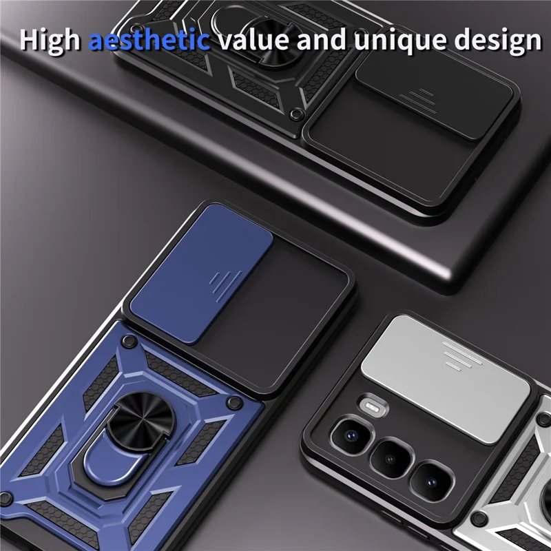 Чехол для Infinix Hot 60 Pro 4G с выдвижной крышкой для камеры, ПК + TPU подставка, синий