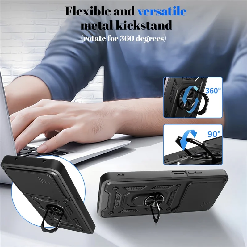 Telebeskyttelse til Honor 400 Smart 5G / 4G / X7d 4G / 5G PC + TPU med fold ud stand og skydelinsebeskyttelse - Sort