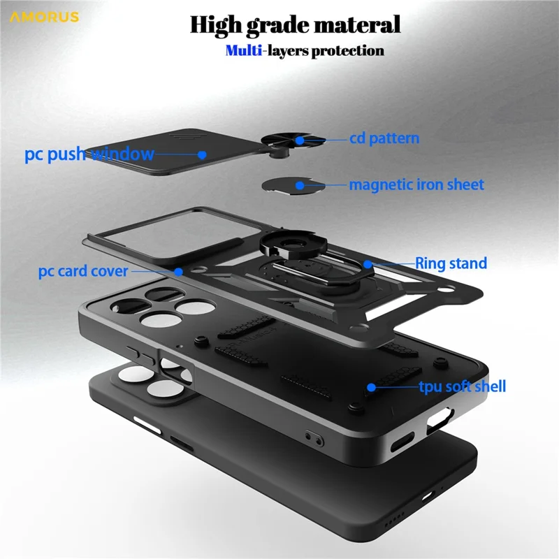 AMORUS Phone Case For Honor 400 Smart 5G  /  4G  /  X7d 4G  /  5G Kickstand PC + TPU Cover with Camera Lens Slider - Black