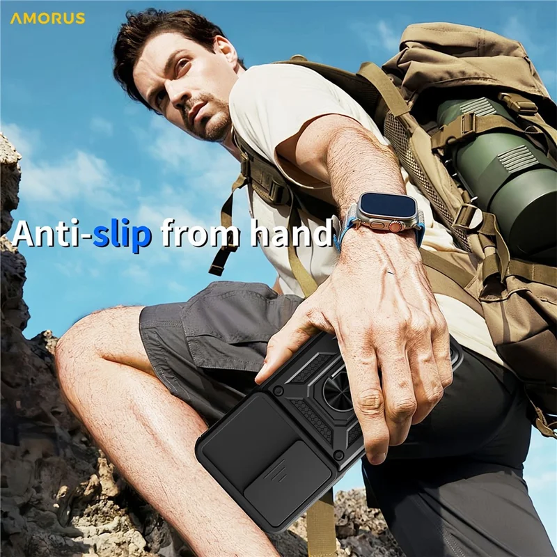 AMORUS For Motorola Moto G06 4G Case Kickstand PC + TPU Phone Cover with Camera Lens Slider - Black