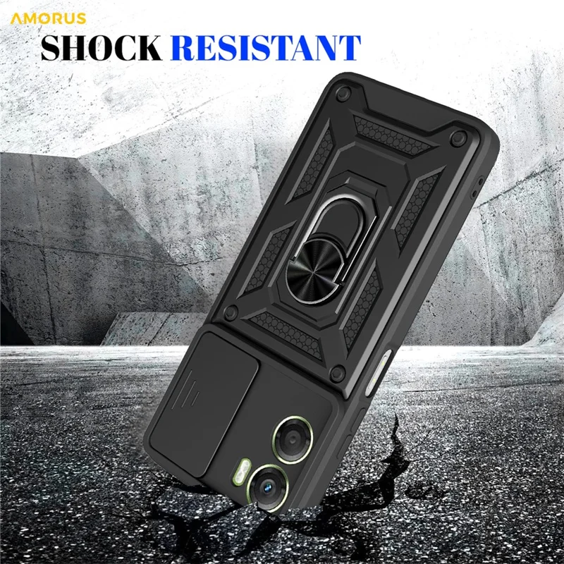 AMORUS For Motorola Moto G06 4G Case Kickstand PC + TPU Phone Cover with Camera Lens Slider - Black