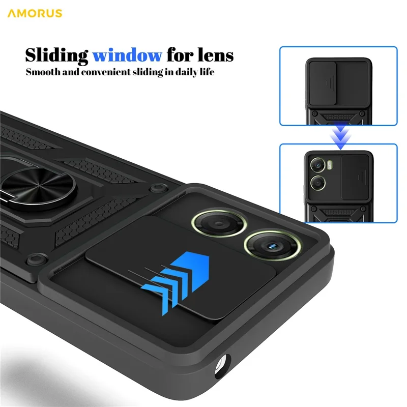 AMORUS For Motorola Moto G06 4G Case Kickstand PC + TPU Phone Cover with Camera Lens Slider - Black
