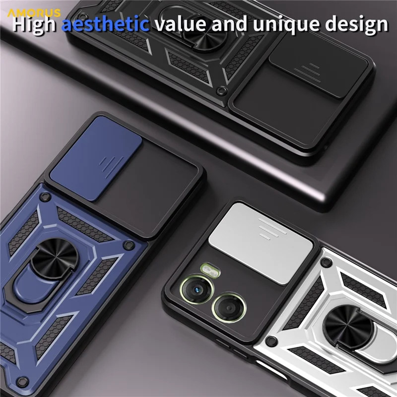 AMORUS For Motorola Moto G06 4G Case Kickstand PC + TPU Phone Cover with Camera Lens Slider - Black