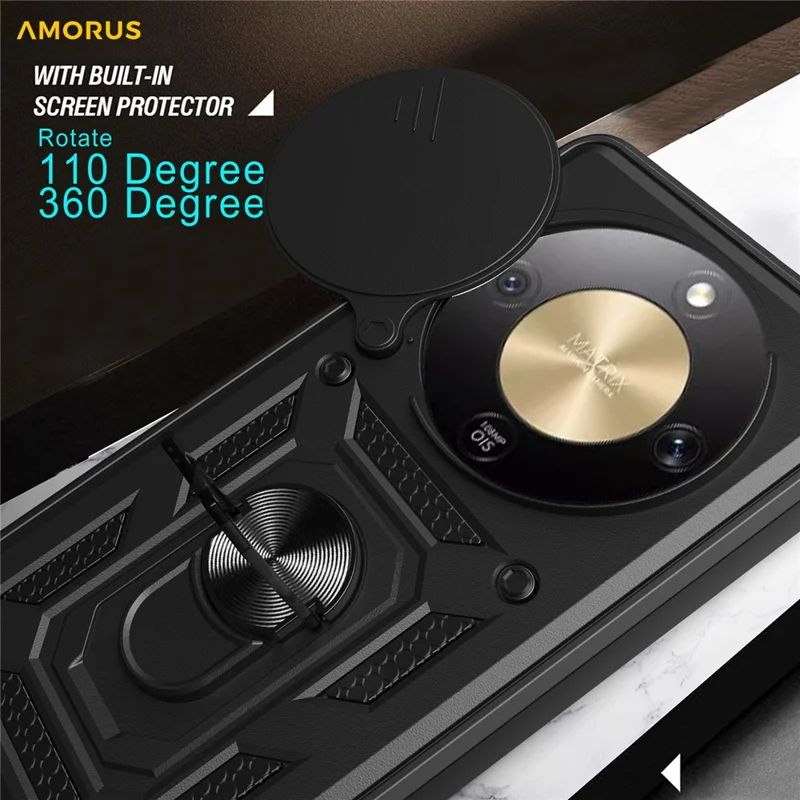 AMORUS Per Honor X9d 5G / X70 5G Custodia Supporto Kickstand PC + TPU Copertura del telefono con Slider per obiettivo della fotocamera - Nero