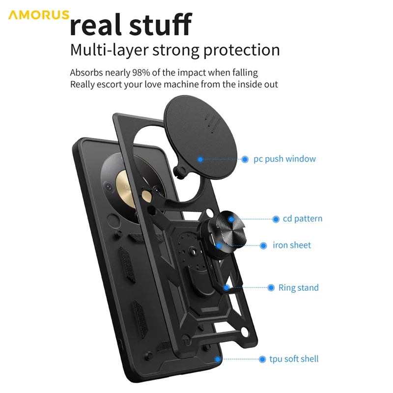 AMORUS Per Honor X9d 5G / X70 5G Custodia Supporto Kickstand PC + TPU Copertura del telefono con Slider per obiettivo della fotocamera - Nero