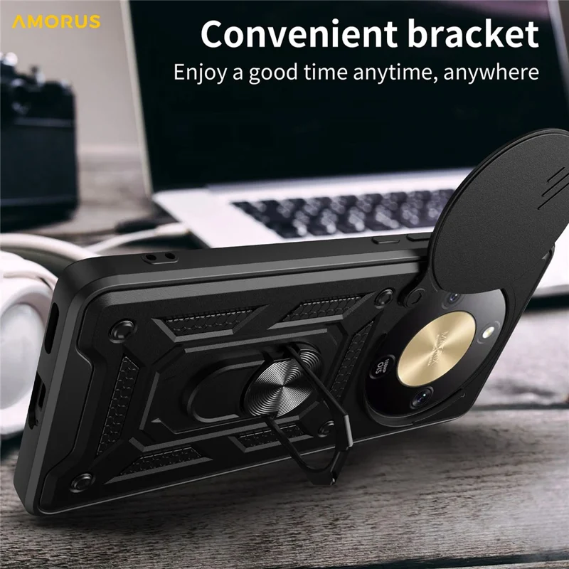 AMORUS Per Honor X9d 5G / X70 5G Custodia Supporto Kickstand PC + TPU Copertura del telefono con Slider per obiettivo della fotocamera - Nero