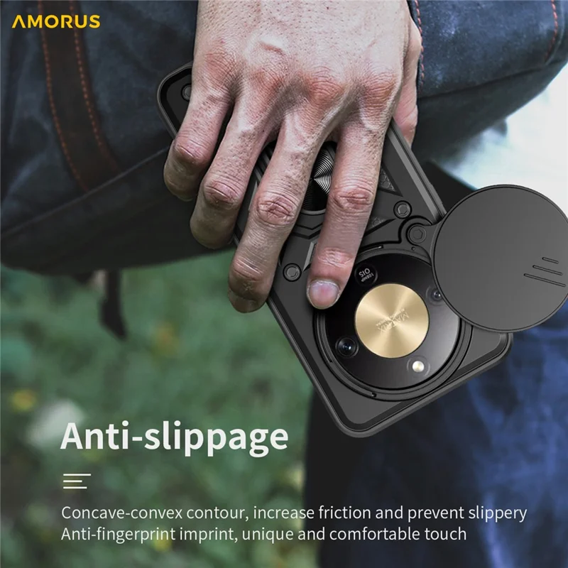 AMORUS Per Honor X9d 5G / X70 5G Custodia Supporto Kickstand PC + TPU Copertura del telefono con Slider per obiettivo della fotocamera - Nero