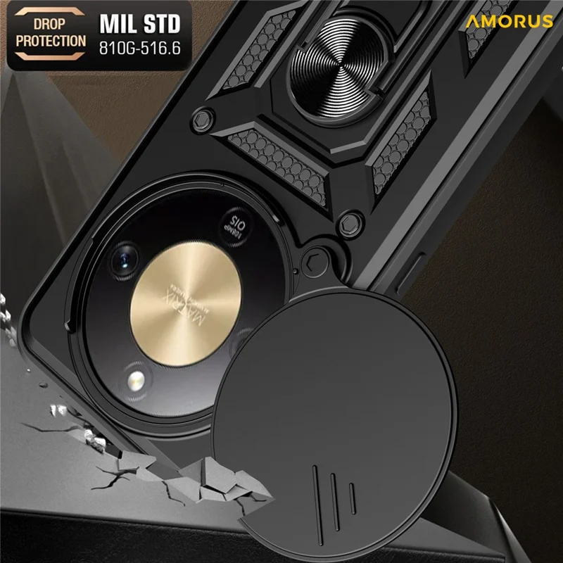 AMORUS Per Honor X9d 5G / X70 5G Custodia Supporto Kickstand PC + TPU Copertura del telefono con Slider per obiettivo della fotocamera - Nero