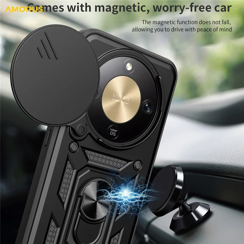 AMORUS Per Honor X9d 5G / X70 5G Custodia Supporto Kickstand PC + TPU Copertura del telefono con Slider per obiettivo della fotocamera - Nero