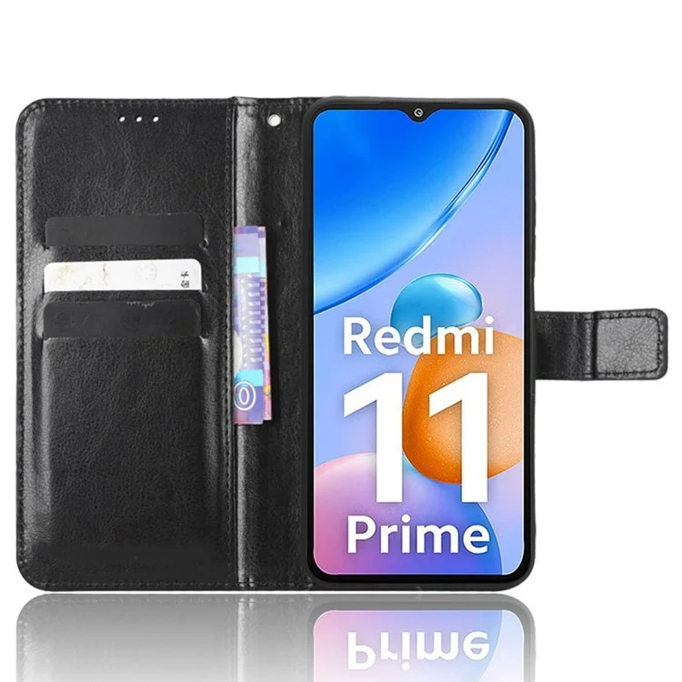 pu en Cuir Putlet Magnétique Étui à Téléphone Pour Xiaomi Redmi 11 Prime 4G, Crazy Horse Texture Stand Couvercle Shell Avec Sangle - le Noir