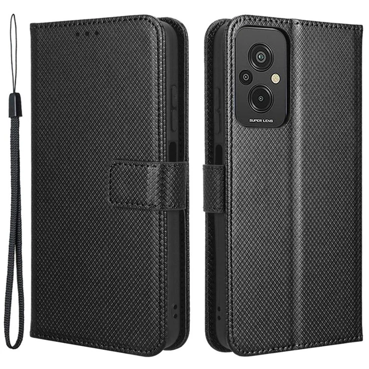 Pour Xiaomi Redmi 11 Prime 4G PU PU Stand Magnétique Couverture de Téléphone de Téléphone Diamont Texture du Pepelle Flip Cover Téléphone Avec Strap - le Noir
