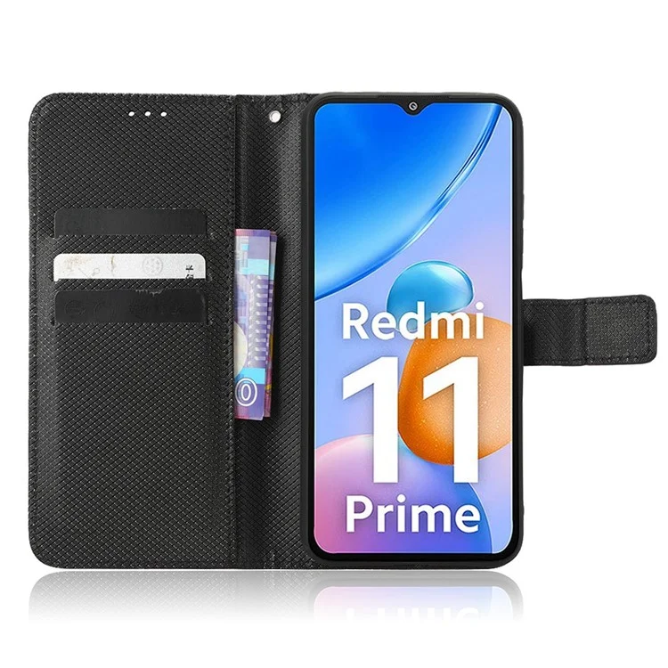Pour Xiaomi Redmi 11 Prime 4G PU PU Stand Magnétique Couverture de Téléphone de Téléphone Diamont Texture du Pepelle Flip Cover Téléphone Avec Strap - le Noir