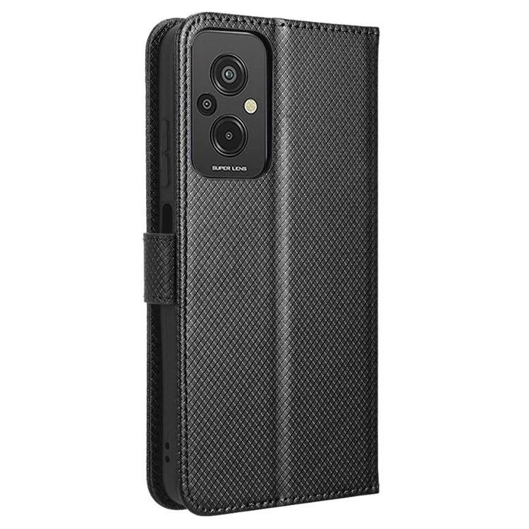 Pour Xiaomi Redmi 11 Prime 4G PU PU Stand Magnétique Couverture de Téléphone de Téléphone Diamont Texture du Pepelle Flip Cover Téléphone Avec Strap - le Noir