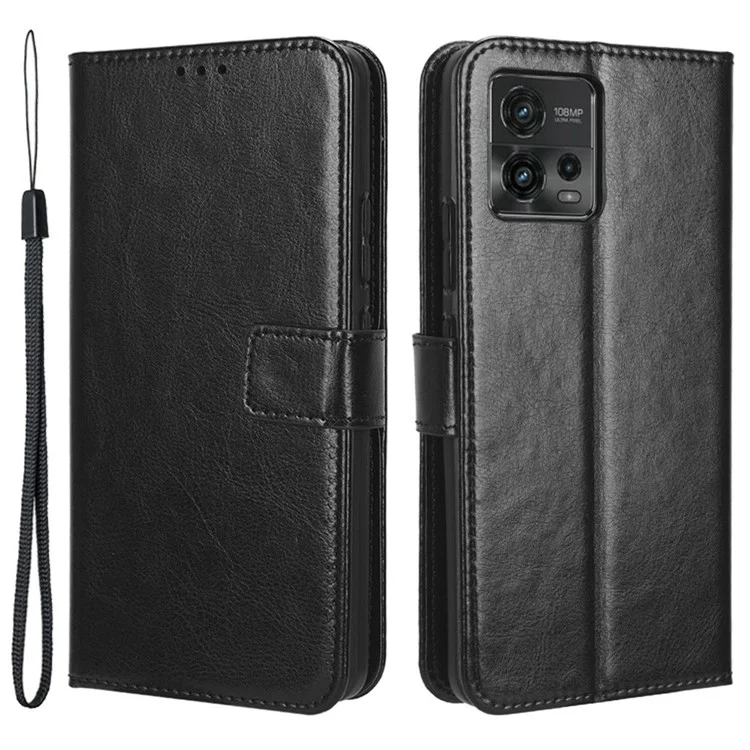 Для Motorola Moto G72 4G Anti-scratch PU Leather Wallet Magnetic Phone Case Flip Stand Feature Crazy Horse Texture Cover with Strap - Black