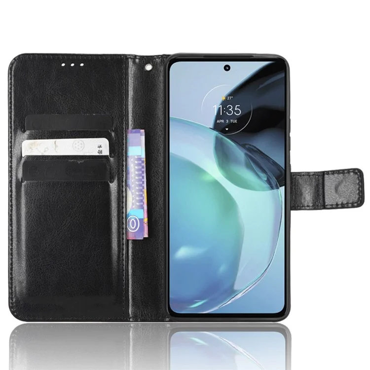 Для Motorola Moto G72 4G Anti-scratch PU Leather Wallet Magnetic Phone Case Flip Stand Feature Crazy Horse Texture Cover with Strap - Black