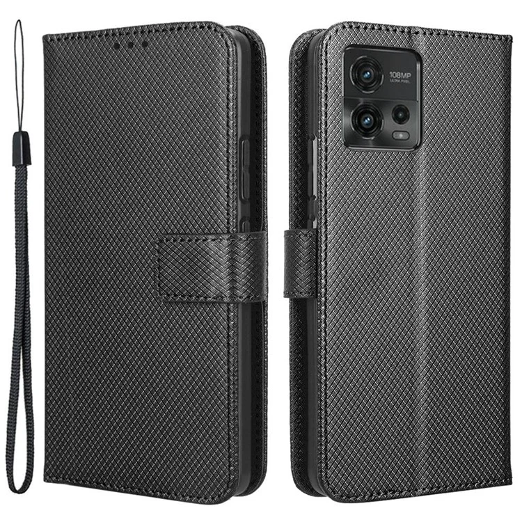 Para Motorola Moto G72 4G Cobertura do telefone celular com fecho magnético Textura de diamante Couro PU Suporte Anti-queda Carteira Flip Phone Cover com Alça - Preto