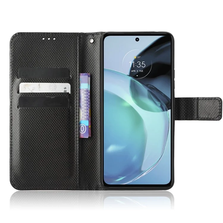 Para Motorola Moto G72 4G Cobertura do telefone celular com fecho magnético Textura de diamante Couro PU Suporte Anti-queda Carteira Flip Phone Cover com Alça - Preto