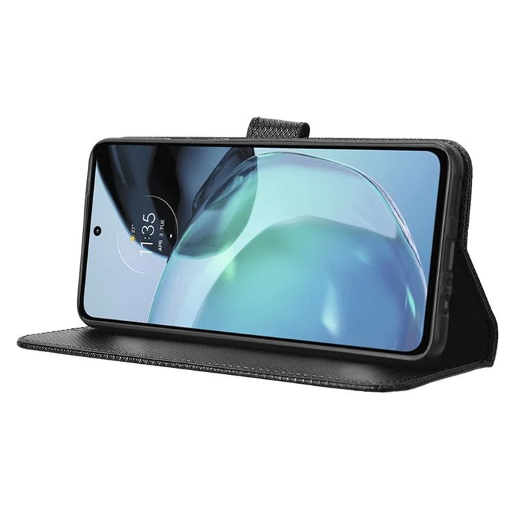 Para Motorola Moto G72 4G Cobertura do telefone celular com fecho magnético Textura de diamante Couro PU Suporte Anti-queda Carteira Flip Phone Cover com Alça - Preto