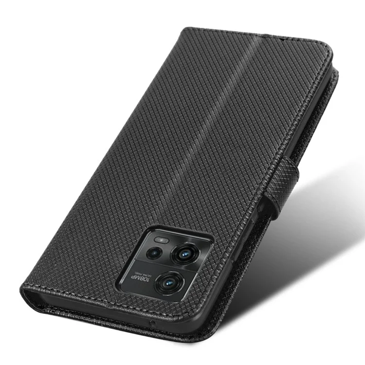 Para Motorola Moto G72 4G Cobertura do telefone celular com fecho magnético Textura de diamante Couro PU Suporte Anti-queda Carteira Flip Phone Cover com Alça - Preto