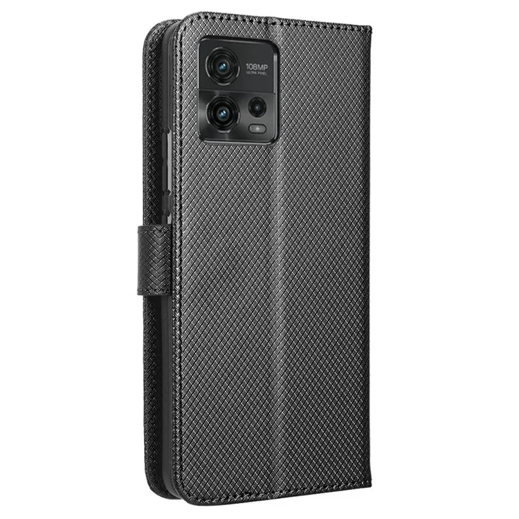 Para Motorola Moto G72 4G Cobertura do telefone celular com fecho magnético Textura de diamante Couro PU Suporte Anti-queda Carteira Flip Phone Cover com Alça - Preto