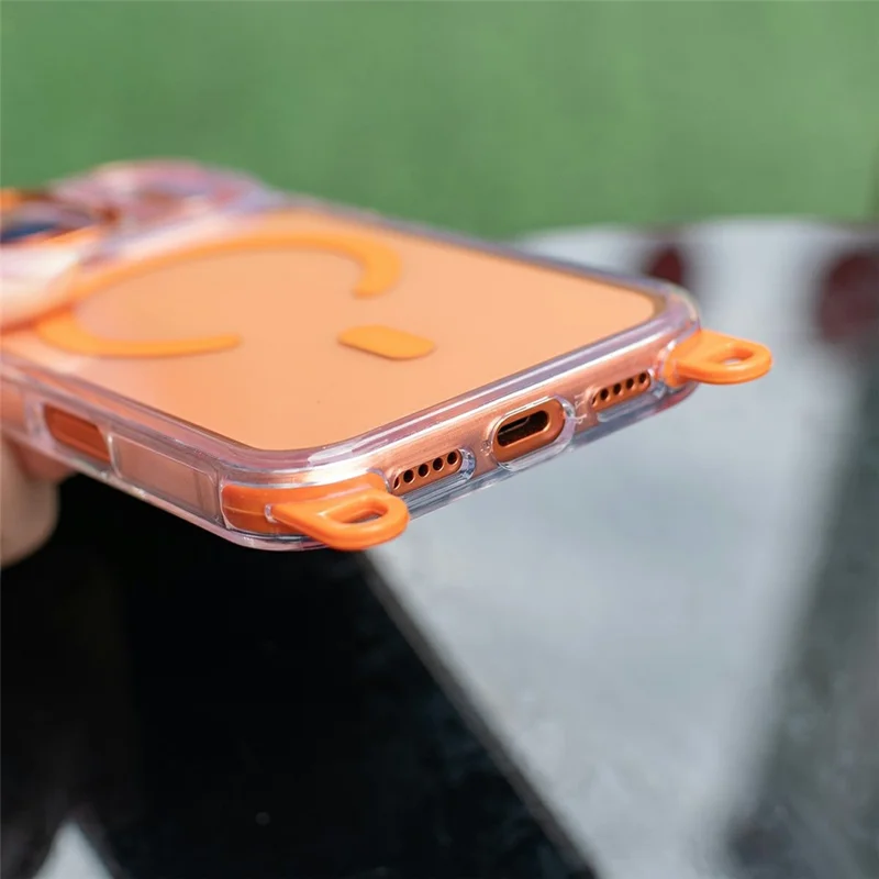 Capa Transparente Compatível com iPhone 17 Pro MagSafe Resistente a Choques PC+TPU Capa de Telefone com Cordão Longo - Laranja