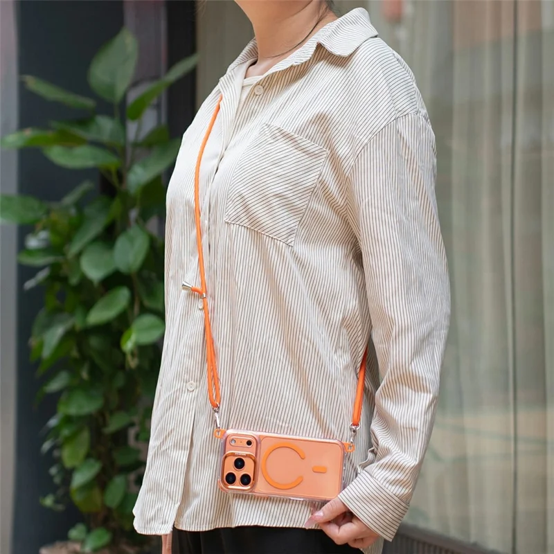 Capa Transparente Compatível com MagSafe para iPhone 17 Pro Max, Capa de Telefone à Prova de Choque com PC+TPU e Cordão Longo - Laranja