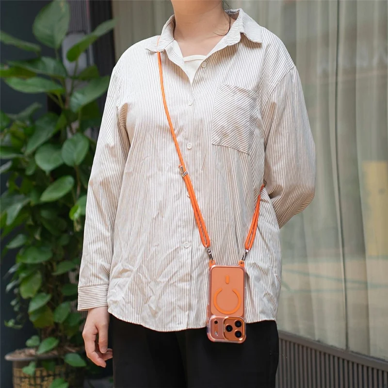 Capa Transparente Compatível com MagSafe para iPhone 17 Pro Max, Capa de Telefone à Prova de Choque com PC+TPU e Cordão Longo - Laranja