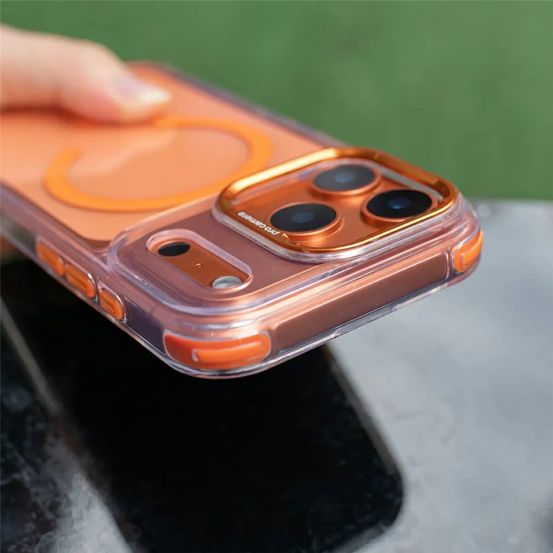 Capa Transparente Compatível com MagSafe para iPhone 17 Pro Max, Capa de Telefone à Prova de Choque com PC+TPU e Cordão Longo - Laranja