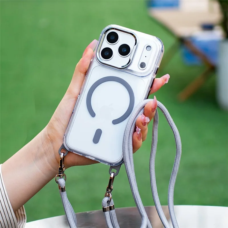 For iPhone 18 Pro Max / 17 Pro Max Clear Case Compatible with MagSafe Shockproof PC+TPU Phone Cover with 150cm Long Lanyard - Grey