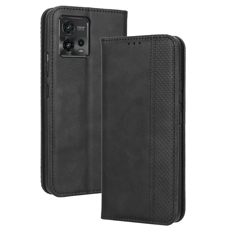 Чехол для телефона Motorola Moto G72 4G с ретро-текстурным тиснением, кожаный бумажник с подставкой, магнитный защитный чехол от падений - черный
