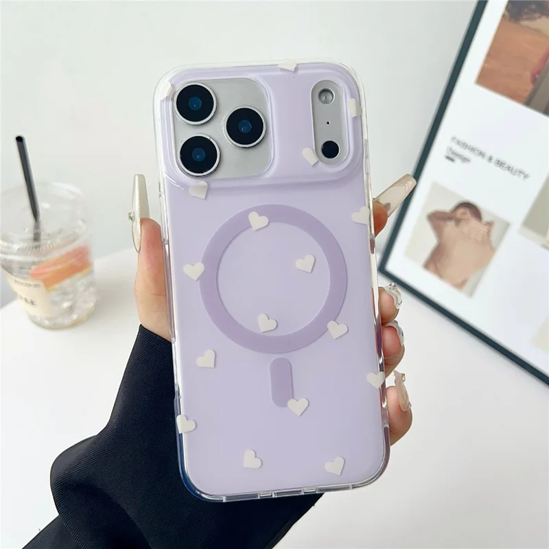 For iPhone 17 Pro Case Little Heart Pattern TPU + PC Protective Phone Cover Compatible with MagSafe - Purple