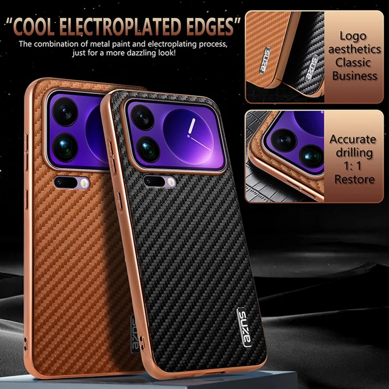 AZNS Para Xiaomi 17 Pro Max Case Eletroplatado Textura de Fibra de Carbono PU + TPU Capa de Telefone - Preto