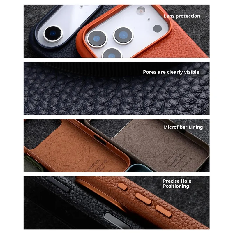 MELKCO Para iPhone 17 Pro Max Funda magnética de piel de vaca auténtica + Cubierta de teléfono de PC con teclas de metal / Botón AI - Negro