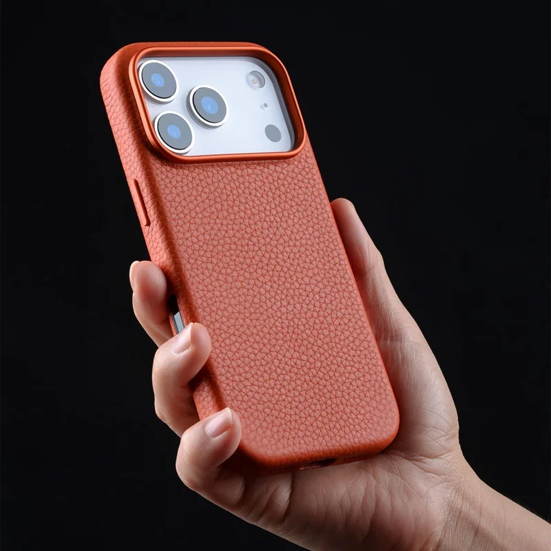 MELKCO Для iPhone 17 Pro Магнитный чехол Подлинная кожа коровы + Корпус из ПК с металлическими клавишами / Кнопка AI - Черный