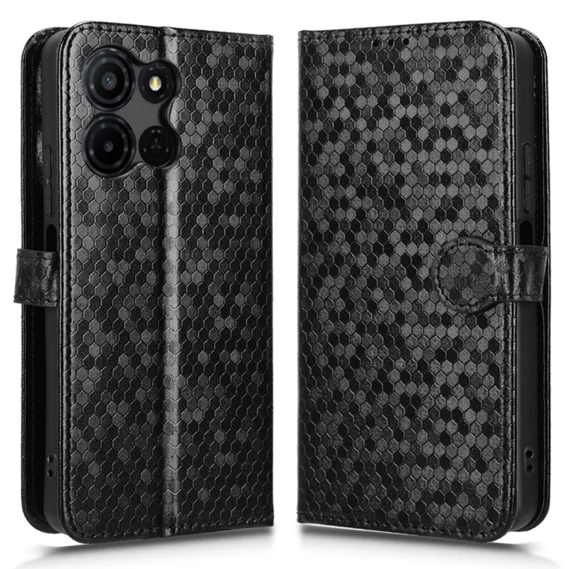 For TCL K33 5G  /  K32 5G Wallet Case Dot Pattern Imprint PU Leather Phone Cover with Wrist Strap - Black