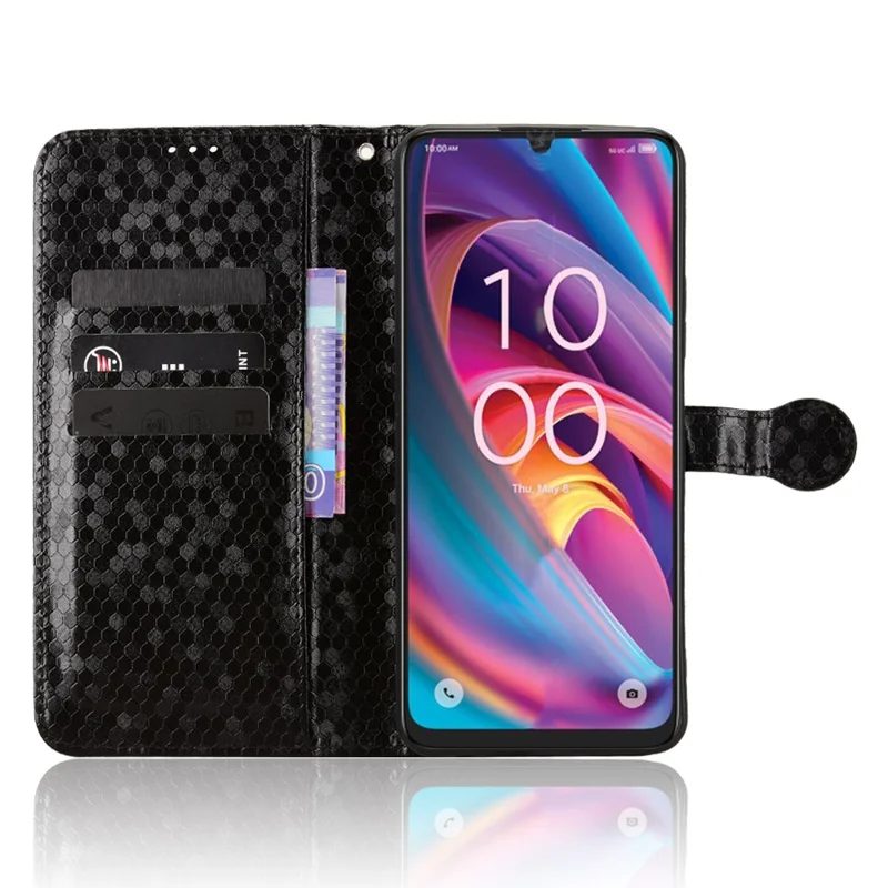 For TCL K33 5G  /  K32 5G Wallet Case Dot Pattern Imprint PU Leather Phone Cover with Wrist Strap - Black