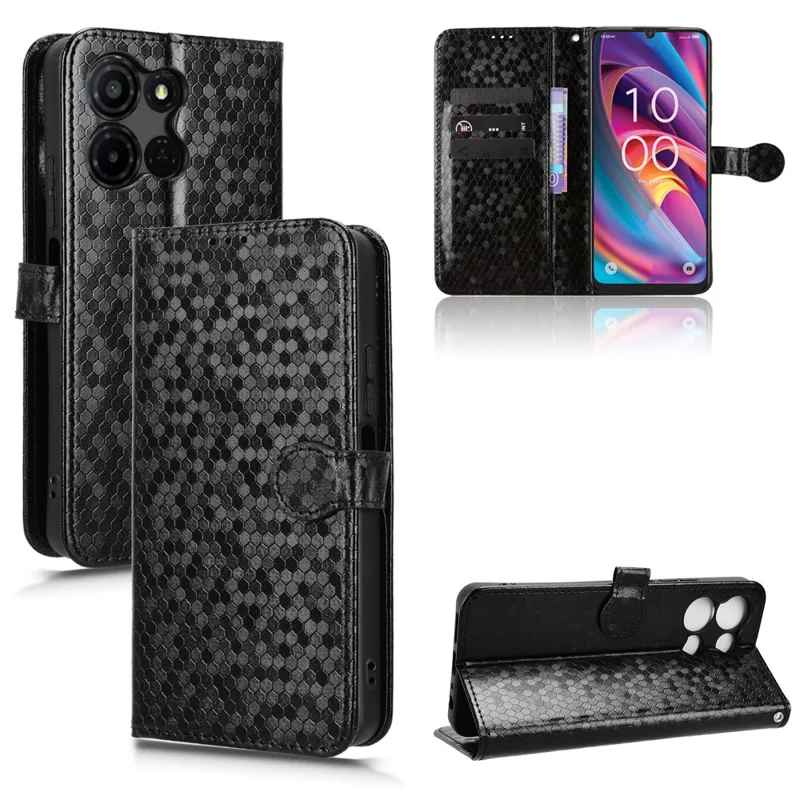 For TCL K33 5G  /  K32 5G Wallet Case Dot Pattern Imprint PU Leather Phone Cover with Wrist Strap - Black