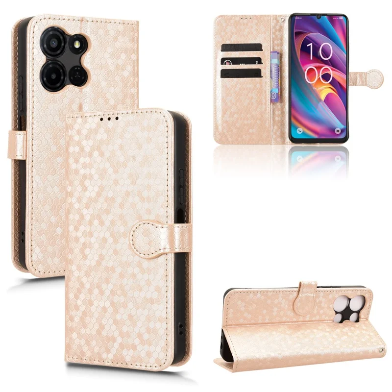 For TCL K33 5G  /  K32 5G Wallet Case Dot Pattern Imprint PU Leather Phone Cover with Wrist Strap - Rose Gold